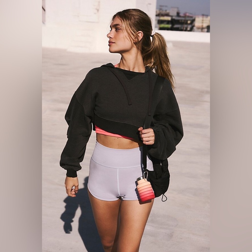 Free People Movement Catch Up Cropped Hoodie Oversized Raw Rib Knit Trim White